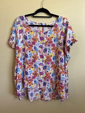 Cynthia Rowley Woman 3X Floral Hi Low Blouse Colorful Rayon Short Sleeve Top